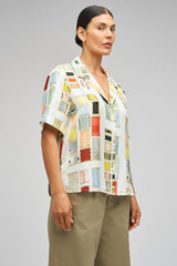 Profile view of model wearing the Oroton Vintage Ribbon Camp Shirt in Multi and 100% Silk for Women . IP:10