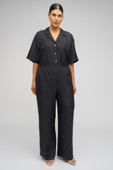 Profile view of model wearing the Oroton Spot Print Pj Pant in Black/Cream and 100% Silk for Women . IP:9