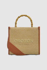 Front product shot of the Oroton Lane Straw Tote in Amber and Woven Straw With Leather Trim for Women