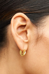 Profile view of model wearing the Oroton Ribbon Twist Huggies in Gold and Brass with sterling silver earring post for Women . IP:2