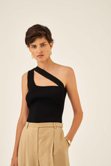 Profile view of model wearing the Oroton Rib Knit Tank in Black and  for Women