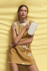 Profile view of model wearing the Oroton Embellished Rosebud Shift Dress in Camel and 100% linen for Women . IP:6