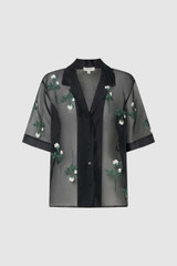 Front product shot of the Oroton Rosebud Embroidery Camp Shirt in Black and 100% silk material for Women