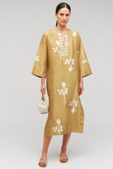 Profile view of model wearing the Oroton Embellished Rosebud Dress in Camel and 100% Silk Dupion for Women . IP:2