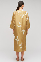 Profile view of model wearing the Oroton Embellished Rosebud Dress in Camel and 100% Silk Dupion for Women . IP:5