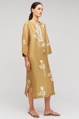 Profile view of model wearing the Oroton Embellished Rosebud Dress in Camel and 100% Silk Dupion for Women . IP:4