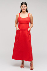 Profile view of model wearing the Oroton Structured Sundress in Poppy and 100% linen material for Women . IP:9