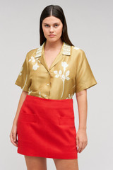 Profile view of model wearing the Oroton Embellished Rosebud Camp Shirt in Camel and 100% Silk Material for Women . IP:9