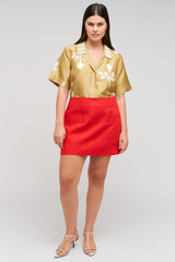 Profile view of model wearing the Oroton Embellished Rosebud Camp Shirt in Camel and 100% Silk Material for Women . IP:8