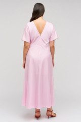 Profile view of model wearing the Oroton Drape Front Dress in Pink Rose and 92% Silk 8% Spandex for Women . IP:11