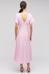 Profile view of model wearing the Oroton Drape Front Dress in Pink Rose and 92% Silk 8% Spandex for Women . IP:5