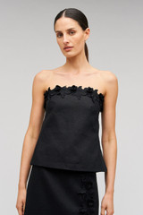 Profile view of model wearing the Oroton Rosebud Lace Bandeau in Black and 100% linen material for Women . IP:3