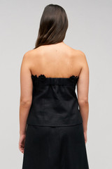 Profile view of model wearing the Oroton Rosebud Lace Bandeau in Black and 100% linen material for Women . IP:11