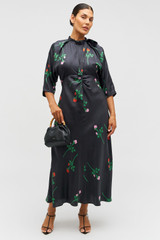 Profile view of model wearing the Oroton Rosebud Tie Neck Dress in Black and 100% Silk for Women . IP:8