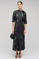Profile view of model wearing the Oroton Rosebud Tie Neck Dress in Black and 100% Silk for Women . IP:2