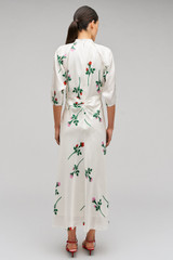 Profile view of model wearing the Oroton Rosebud Tie Neck Dress in Antique White and 100% Silk for Women . IP:5