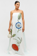 Profile view of model wearing the Oroton Grand Floral Gown in Multi and 100% linen for Women