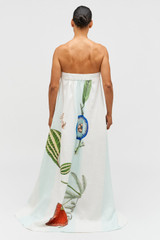 Profile view of model wearing the Oroton Grand Floral Gown in Multi and 100% linen for Women