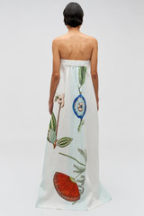 Profile view of model wearing the Oroton Grand Floral Gown in Multi and 100% linen for Women