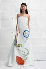 Profile view of model wearing the Oroton Grand Floral Gown in Multi and 100% linen for Women
