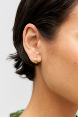 Profile view of model wearing the Oroton Ric Rac Huggies in Gold and 925 sterling silver material for Women . IP:2