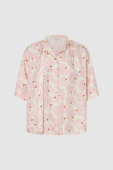 Front product shot of the Oroton Fan Flower Tie Neck Blouse in Peony and 100% silk for Women . IP:1