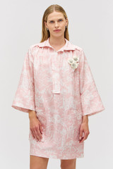 Profile view of model wearing the Oroton Garden Toile Embellished Tunic Dress in Peony and 100% silk for Women . IP:3