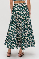 Profile view of model wearing the Oroton Fan Flower Print Skirt in Ivy and 100% cotton for Women . IP:6