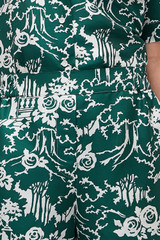 Profile view of model wearing the Oroton Garden Toile Print Short in Ivy and 100% silk for Women . IP:7