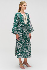 Profile view of model wearing the Oroton Garden Toile Embellished Long Dress in Ivy and 100% silk for Women . IP:5