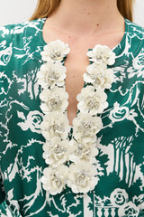 Profile view of model wearing the Oroton Garden Toile Embellished Long Dress in Ivy and 100% silk for Women . IP:7