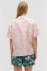 Profile view of model wearing the Oroton Garden Toile Embellished Camp Shirt in Peony and 100% silk for Women . IP:6