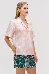 Profile view of model wearing the Oroton Garden Toile Embellished Camp Shirt in Peony and 100% silk for Women . IP:5