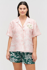 Profile view of model wearing the Oroton Garden Toile Embellished Camp Shirt in Peony and 100% silk for Women . IP:4