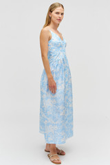 Profile view of model wearing the Oroton Garden Toile Sun Dress in Sky and 100% silk for Women . IP:5