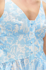 Profile view of model wearing the Oroton Garden Toile Sun Dress in Sky and 100% silk for Women . IP:7
