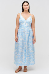 Profile view of model wearing the Oroton Garden Toile Sun Dress in Sky and 100% silk for Women . IP:4