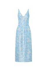 Front product shot of the Oroton Garden Toile Sun Dress in Sky and 100% silk for Women . IP:1