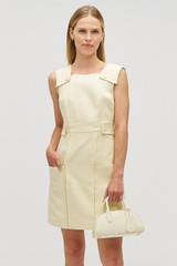Profile view of model wearing the Oroton Button Front Shift Dress in Lemon Zest and 100% linen for Women . IP:3