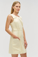 Profile view of model wearing the Oroton Button Front Shift Dress in Lemon Zest and 100% linen for Women . IP:5