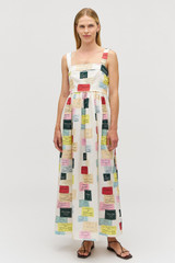 Profile view of model wearing the Oroton Invitation Print Sundress in Multi and 100% linen for Women . IP:3
