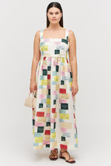 Profile view of model wearing the Oroton Invitation Print Sundress in Multi and 100% linen for Women . IP:4