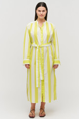 Profile view of model wearing the Oroton Deckchair Stripe Shirt Dress in Citrine and 100% cotton for Women