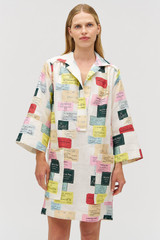 Profile view of model wearing the Oroton Invitation Print Tunic Dress in Multi and 100% linen for Women . IP:3