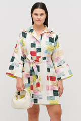 Profile view of model wearing the Oroton Invitation Print Tunic Dress in Multi and 100% linen for Women . IP:4