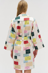 Profile view of model wearing the Oroton Invitation Print Tunic Dress in Multi and 100% linen for Women . IP:6
