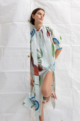 Profile view of model wearing the Oroton Grand Floral Column Dress in Multi and 100% silk for Women . IP:6