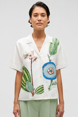 Profile view of model wearing the Oroton Grand Floral Camp Shirt in Multi and 100% silk for Women