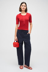 Profile view of model wearing the Oroton Scout Poplin Cargo Pant in North Sea and 100% Cotton for Women