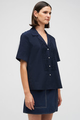 Profile view of model wearing the Oroton Posy Ruffle Camp Shirt in North Sea and 100% Cotton for Women . IP:4